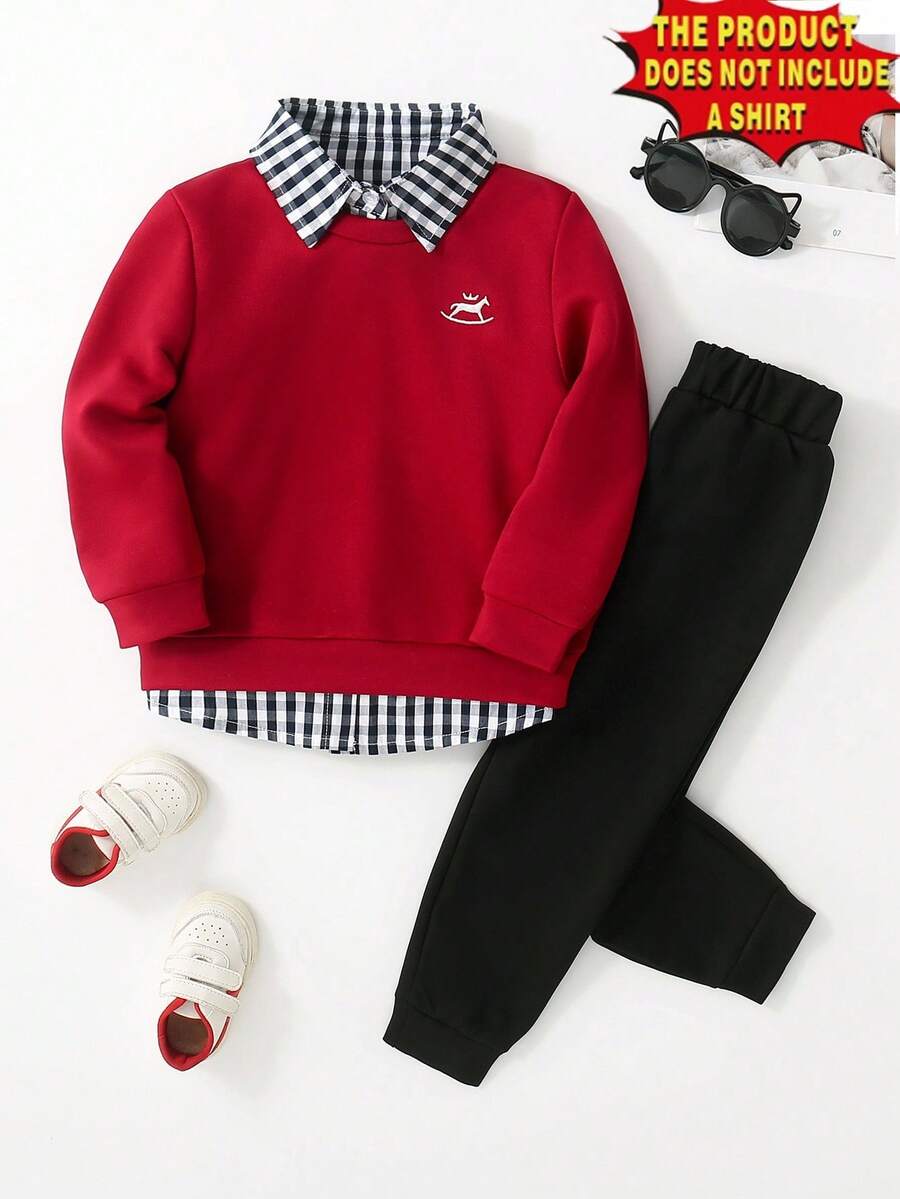 SHEIN 2 件套小男孩可爱休闲黄色刺绣运动衫和黑色裤子舒适服装，春季