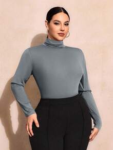 SHEIN SXY Plus Size Solid Color Slim Fit High-Necked Long Sleeve All-Match T-Shirt,Grey Autumn Basique Everyday Turtle Neck Fall Winter Basic Tees Blue Tops - Grey - View 3