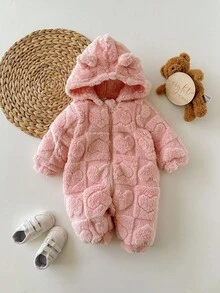 Newborn Baby Girl Cute 3D Ear Fluffy Pink Heart Pattern Zip-Up Hooded Romper, Autumn/Winter