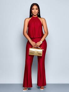 SOLERSUN Tuta elegante e alla moda da donna, di colore tinta unita, con collo alla halter e senza maniche - Bordò - Visualizzare 5