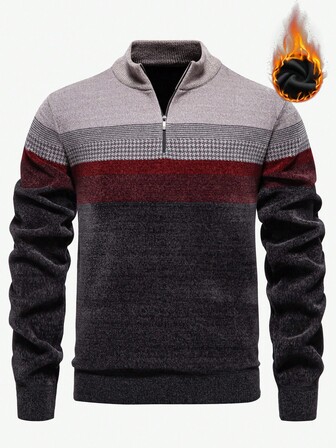 Manfinity CityGents 男士纯色拼布前拉链长袖休闲针织毛衣，秋冬，男士羊毛套头衫，男士四分之一拉链毛衣，男士冬季毛衣，男士条纹毛衣，男士休闲套头衫