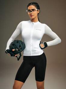 Powerista 女式白色字母印花骑行夹克，长袖，前拉链，秋冬女式骑行服