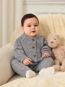 Cozy Pixies Newborn Baby Boy/Girl 2pcs Set: Solid Gray Knit Soft Crew Neck Long Sleeve Cardigan Sweater Top And Elastic Waist Pants Fall Winter Knitted Baby Boy Outfit Baby Boy Cardigan Infant Sweater Romper Boy Newborn Baby Layette Set Baby Sweater Cardigan