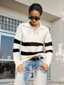 SHEIN LUNE 女士休闲时尚简约通勤百搭宽松拉链领罗纹套头毛衣，秋冬 - 白色 - 查看 5
