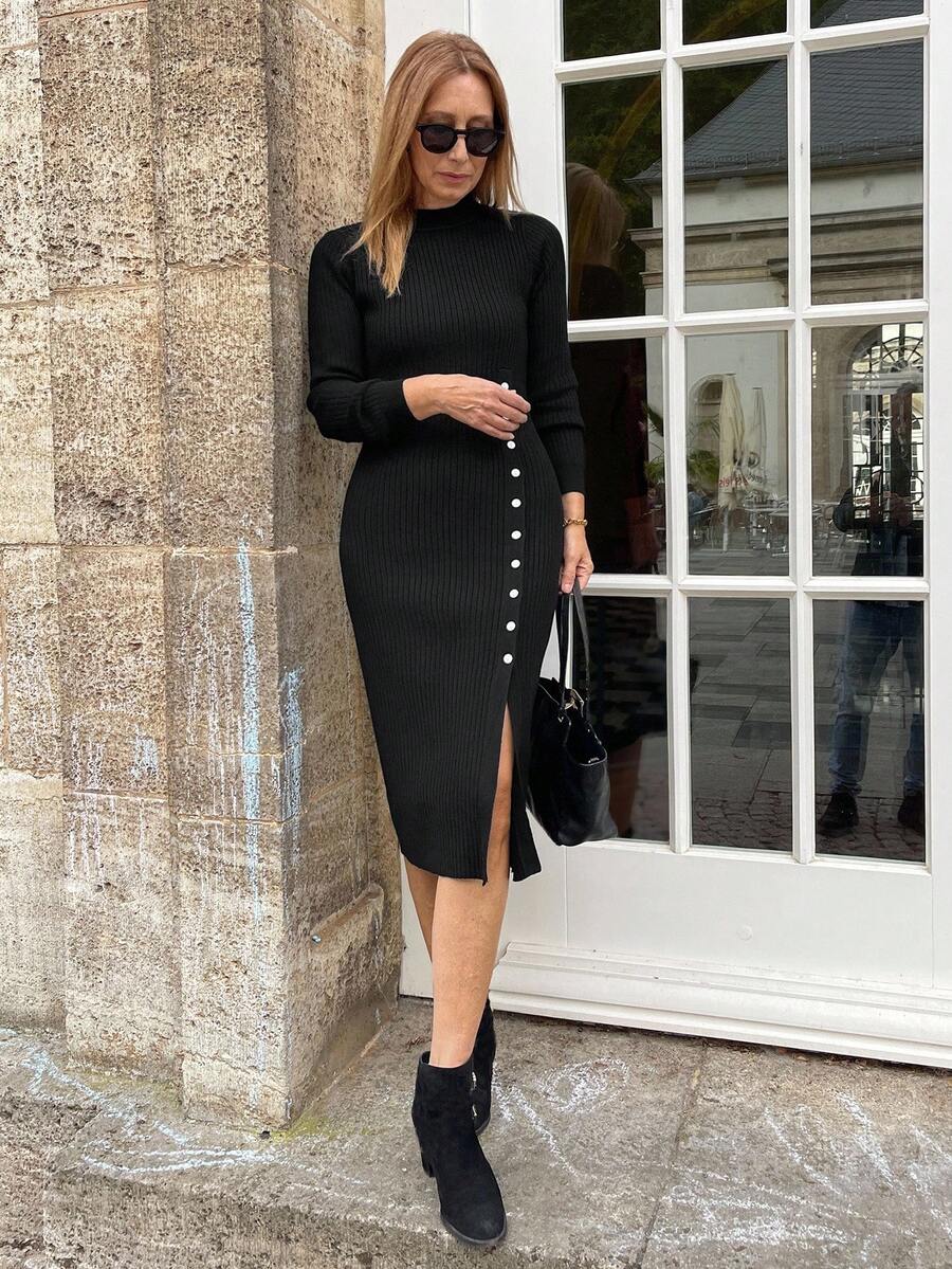 Livesso Women's Stand Collar Split Hem Fitted Knit Dress Fall/Winter