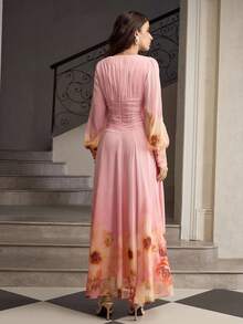 ZEYLAH Printed Long Pleated Waist Cinched Autumn/Winter Dress - Multicolor - View 3