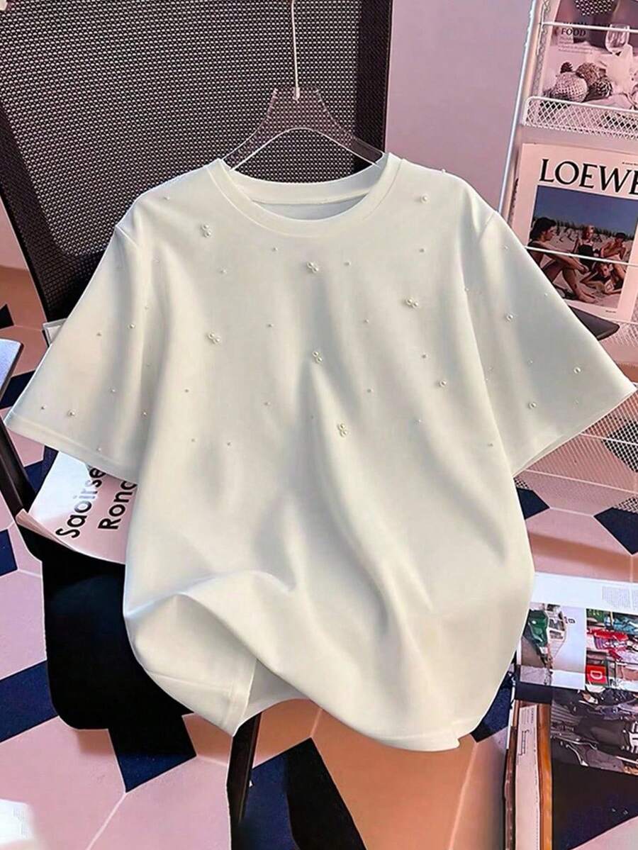 Franclia Camiseta de manga corta blanca de verano con cuello redondo, efecto abultado y adorno de perlas falsas - Blanco - Ver 1