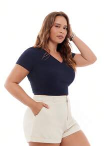 SHEIN EZwear Women's Plus Size  Rib-Knit Solid V-Neck Crop Tee - Navy Blue - View 5