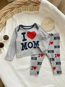 SHEIN 新生女婴可爱休闲百搭灰色针织长袖睡衣套装，心形和字母印花家居服 - 灰色 - 查看 3