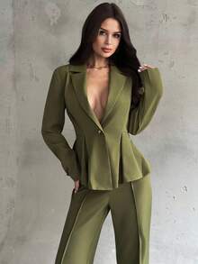 Firerie Women's Elegant Commuter Casual Daily Urban Chic Teacher Outfit, New Stylish Blazer Jacket With Waist Cinching And High-Waisted Pants, 2 Pieces Set In Military Green, Autumn/Winter