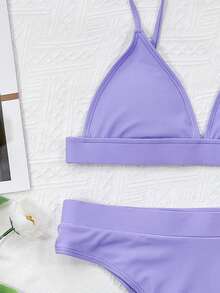 SHEIN Swim Summer Beach Solid Bikini Set Triangle Bra & High Waisted Bottom 2 Piece Bathing Suit - Lilac Purple - View 4