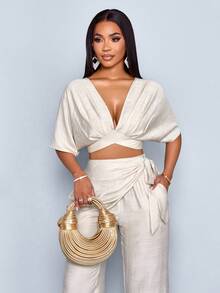 SOLERSUN Women's Boho Beach Linen Viscose Deep V Neck Backless Ruched Crop Tie Back Blouse,Suitable For Vacation