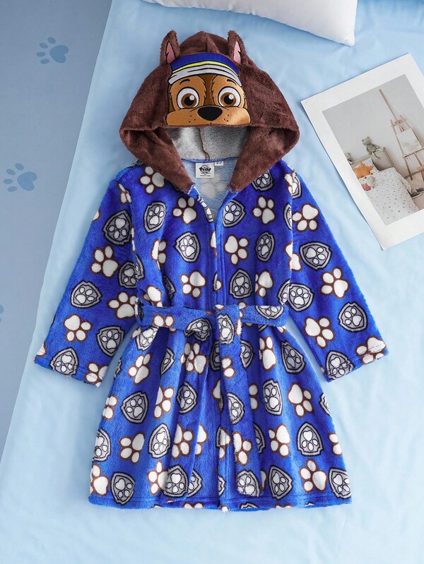 SHEIN | PAW Patrol Young Boy Cute Puppy Chase Paw Print Funny 3D Ear Hooded Plush Robe, Autumn/Winter Loungewear Kids Anime Costume
