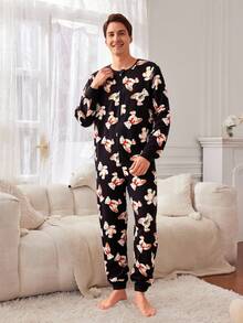 Men's Black Minimalist Cute Bear Pattern Long Sleeve Jumpsuit Loungewear Family Pajama Sets, Fall