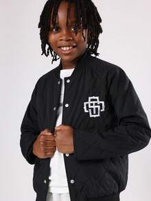 SUMWON Quilted Bomber Jacket Winter Kids Varsity Style Outerwear With Monogram Logo Classic Hip Length Fashion Youth Streetwear Snap Button Closure - Black - View 5
