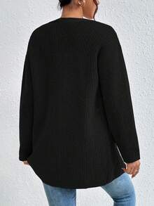 EURMUSE Dual Pocket Drop Shoulder Open Front Cardigan - Black - View 2