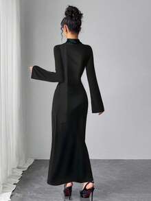 Modelyn Women's Casual Elegant Chic Commute Minimalist High-End Satin Twill Glossy Scarf Tie Waist Fitted Long Dress, Black, Autumn/Winter