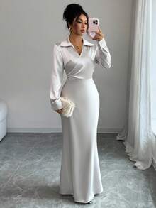 Selianne 女式纯色翻领长袖修身优雅连衣裙 - 淺灰色 - 查看 3