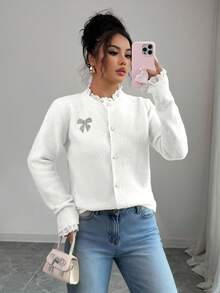 Elenzga Áo khoác cardigan nữ thanh lịch phối ren hoa, thích hợp mùa thu/đông, có cúc và nơ đính đá, kiểu dáng dễ thương, phù hợp dự tiệc, phối màu trắng, Giáng sinh và năm mới. - trắng - Xem 3