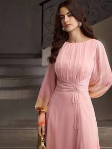 ZEYLAH Printed Long Pleated Waist Cinched Autumn/Winter Dress - Multicolor - View 7