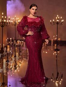 Glamrae 加大码优雅浪漫红色圆领透明长袖奢华串珠流苏领子镶嵌亮片羽毛装饰美人鱼下摆奢华派对庆典婚礼礼服 - 酒紅色 - 查看 4