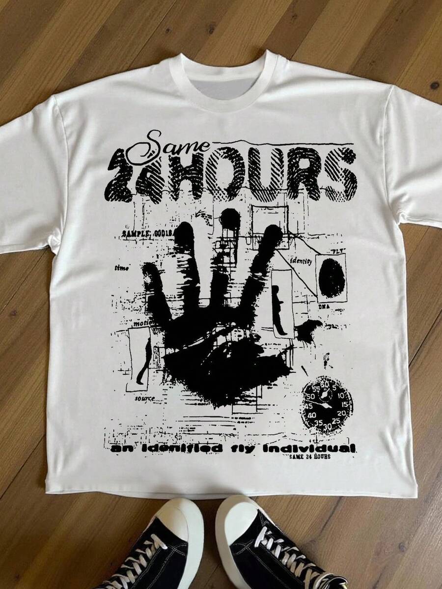 Manfinity Dauomo Camiseta de verano con estampado de letra vintage y árbol de palma oversize - Blanco - Ver 1