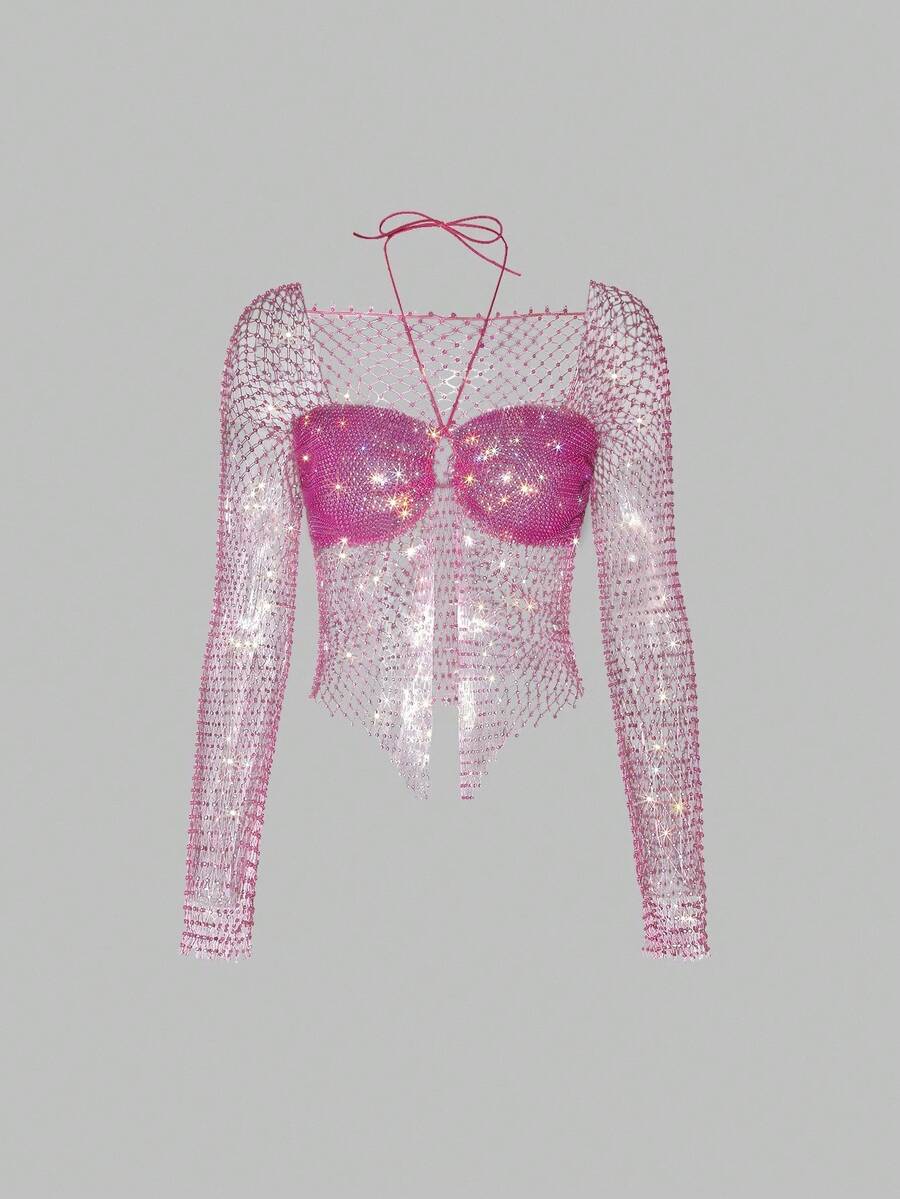 SHEIN Unity Women's Rhinestone Fishnet Cropped Top, Suitable For Bar, Party, Music Festival - Multicolor - View 1