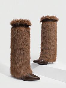 CUCCOO SZL Women's Black Pointed Toe Stiletto Heel Furry Warm Knee-High Boots, European And American Style For Autumn/Winter - Brown - View 2