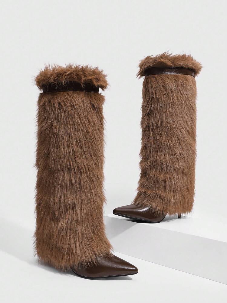 CUCCOO SZL Women's Black Pointed Toe Stiletto Heel Furry Warm Knee-High Boots, European And American Style For Autumn/Winter