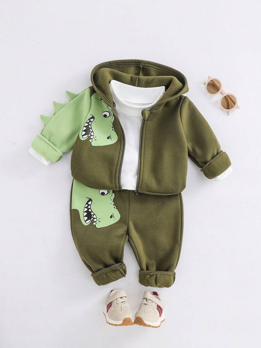 Cozy Pixies 2件套男童卡通恐龙印花连帽夹克和松紧腰裤套装 - 軍綠色 - 查看 1