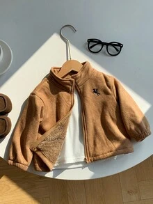 SHEIN Baby Boys Suede Thermal Lined Stand Collar Zip Up Jacket, Khaki, Suitable For Indoor, Outdoor, Casual, Sports, Play, Party Holiday, Festival, Rave In Autumn/Winter