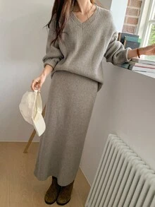 DAZY 女士V领纯色韩版长袖毛衣和宽松休闲裙两件套