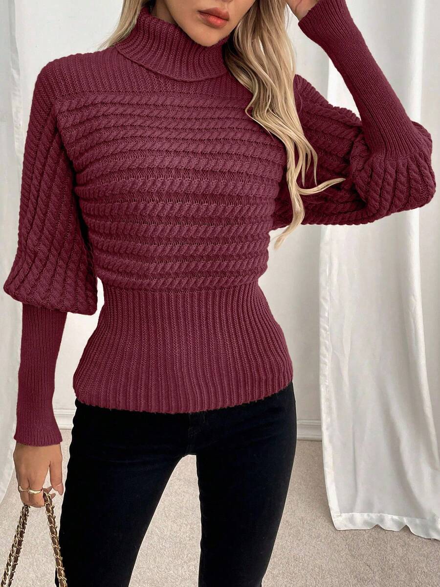 EMERY ROSE Turtleneck Cable Knit Loose Chic Oversized Slim Fit Pullover Sweater - Burgundy - View 1