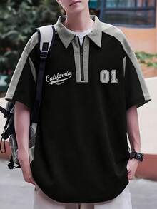 Claim Dot 宽松版型男式插肩袖字母印花 Polo 衫 - 彩色 - 查看 1