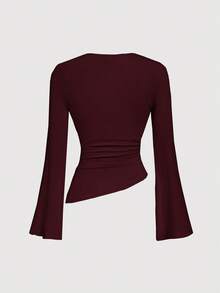 SHEIN MOD Crew Neck Ruched Flare Sleeve Cinched Waist Asymmetric Hem Burgundy Versatile T-Shirt,Red Top,Fall,Fall Clothes For Women