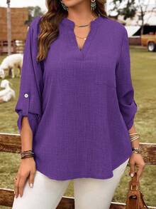 Rusticease Camisa de talla grande de unicolor casual con cuello entallado - Morado - Ver 3
