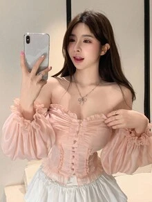 DAZY 女士露肩泡泡袖修身雪纺上衣，适合婚礼、约会、休闲穿着，长袖上衣，嘉年华外出上衣 - 藕粉色 - 查看 2