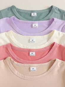 SHEIN Playful Pals 5 قطع تيشيرتات كاجوال طويلة الأكمام بياقة دائرية مناسبة للبنات الصغيرات، مناسبة للربيع والخريف والعطلات والاستخدام اليومي والخروجات والمدرسة، مريحة وجذابة للخريف والشتاء