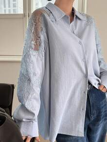 DAZY Women's Floral Patchwork Loose Long Sleeve Casual Elegant Urban Casual Shirt Fall - Blue - View 2