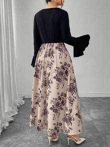 Modelyn Vestido largo minimalista elegante y romántico con estampado floral aleatorio, volantes y parches, talla grande