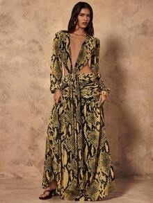 Almamuse 女士优雅蛇皮印花浪漫通勤派对长裙 - 黃色 - 查看 6