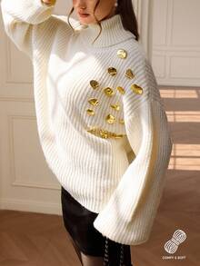 Zanirela Autumn/Winter New Oversized High Neck Chunky Knit Sweater With Asymmetrical Metal Button & Sequin Decor, Fashionable - White - View 1