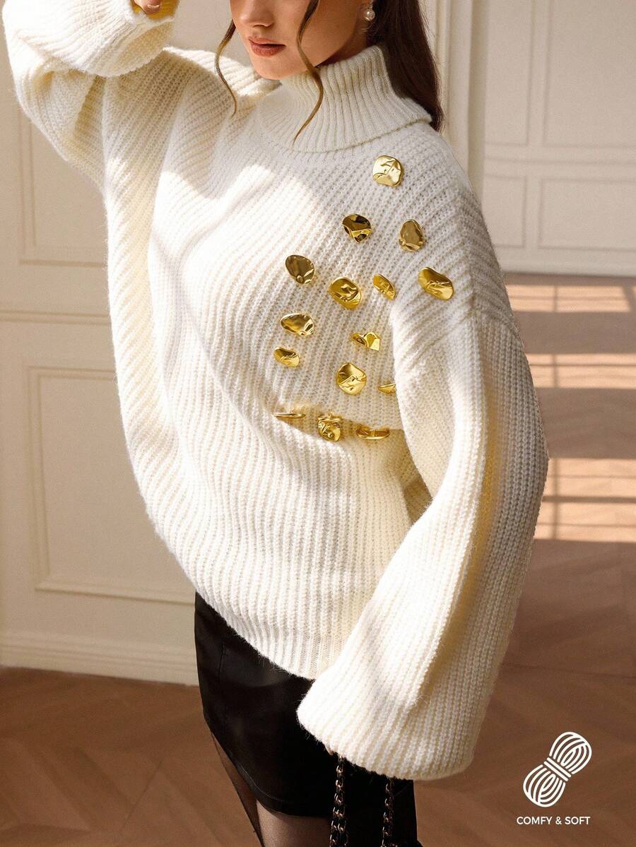 Zanirela Autumn/Winter New Oversized High Neck Chunky Knit Sweater With Asymmetrical Metal Button & Sequin Decor, Fashionable - White - View 1
