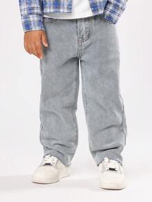 SUMWON 儿童休闲阔腿牛仔裤，经典日常下装，舒适宽松版型，纯棉面料，直筒裤脚，秋冬度假风。 - 藍色 - 查看 4