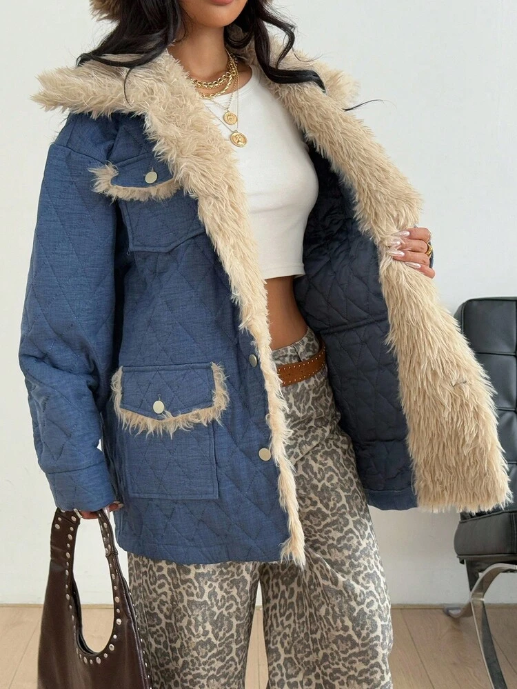 Patchwork Thermal Lined Loose Long Sleeve Turndown Collar Thick Casual Street Style Women Regular Jacket, Autumn/Winter Women Coats