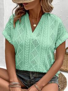 SHEIN LUNE CURVE Áo thun dệt kim Jacquard cổ chữ V tay ngắn thời trang giản dị cỡ lớn thiết kế mới cho nữ - màu xanh lá - Xem 4
