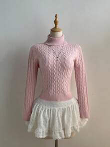 Elamini 女士/女孩休闲高领抽绳针织毛衣 - 粉色 - 查看 3