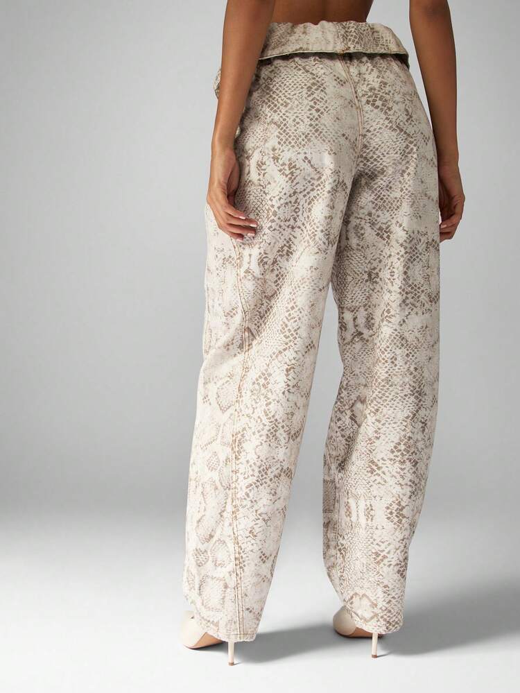 MISSGUIDED Cotton Snakeskin Print Fold Over Waist Wide Leg Drawstring Pants High Rise Slouchy Relaxed Fit Lightweight Spring Summer Casual