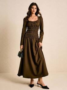 Poéselle Vestido largo de unicolor elegante con cintura ceñida, adecuado para ir al trabajo - Café integral - Ver 4