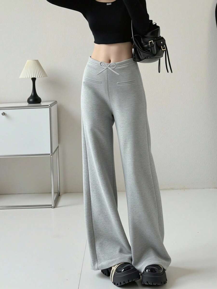 女童纯灰色拉绒面料长裤 - 无抽绳